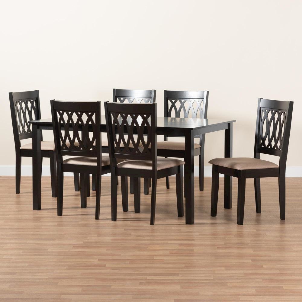 Beige Fabric and Espresso Brown Finished Wood 7-Piece Dining Set
