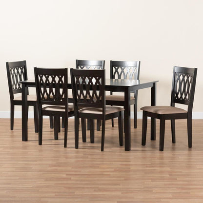 Beige Fabric and Espresso Brown Finished Wood 7-Piece Dining Set