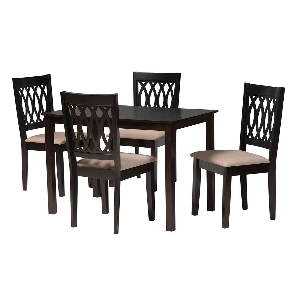 Beige Fabric and Espresso Brown Finished Wood 5-Piece Dining Set