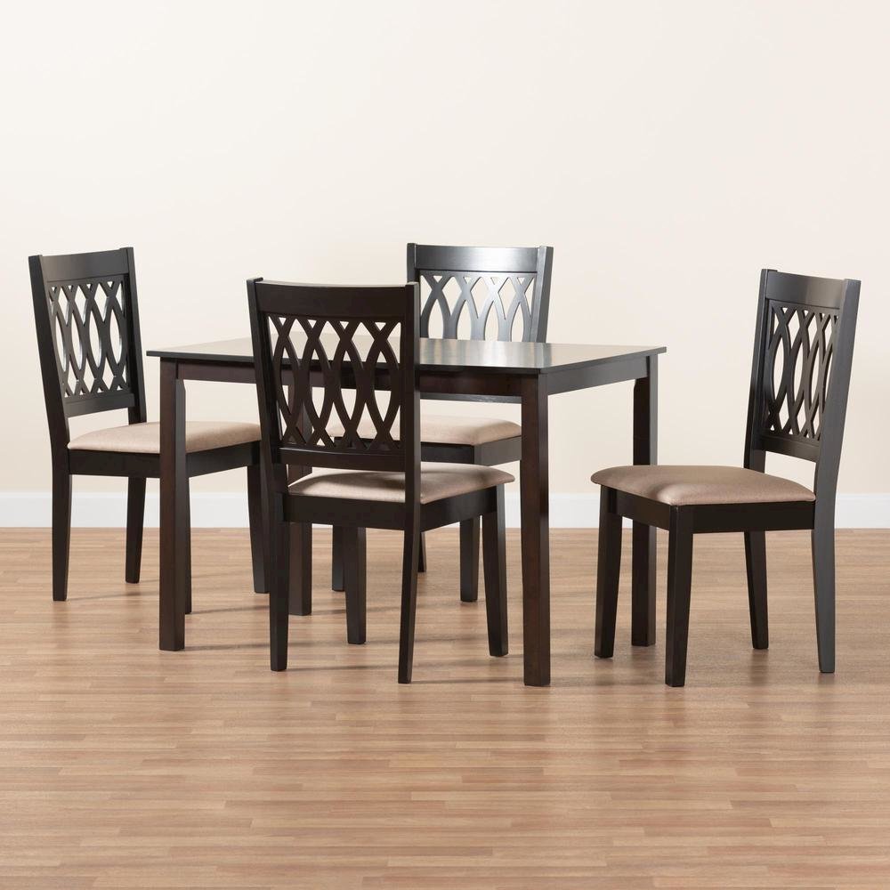 Beige Fabric and Espresso Brown Finished Wood 5-Piece Dining Set