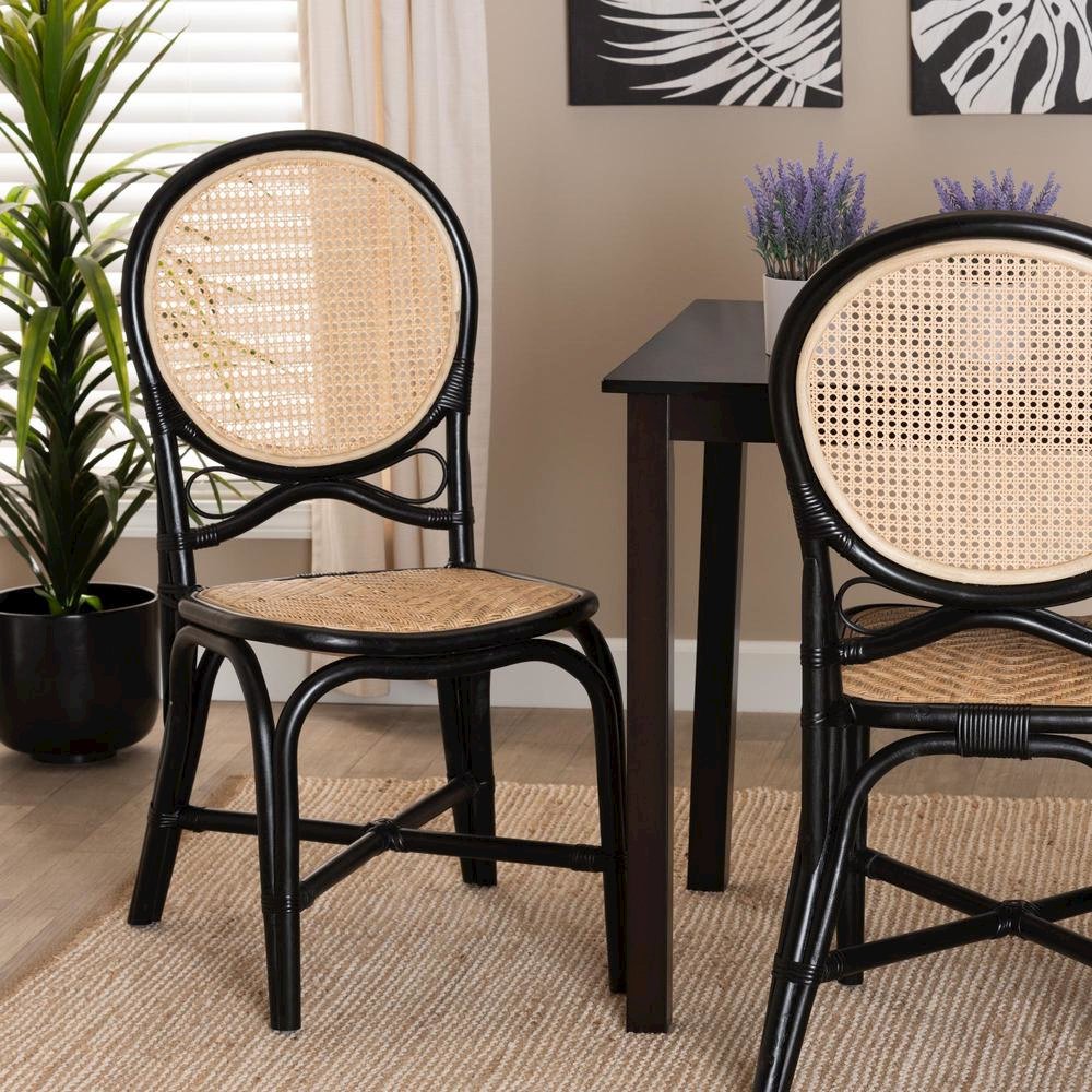 Two-Tone Black and Natural Brown Rattan Dining Chair