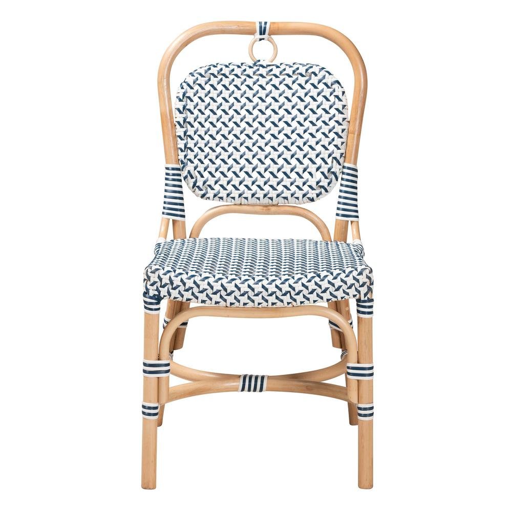 French Blue and White Weaving Natural Rattan Bistro Chair