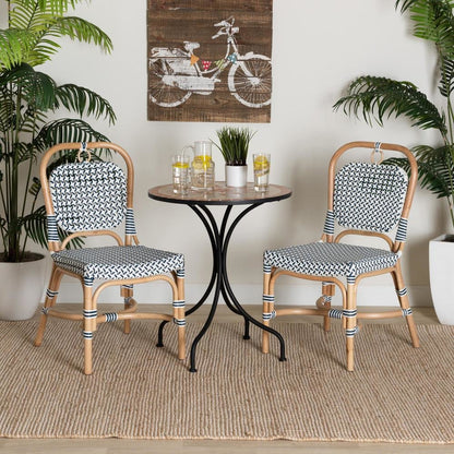 French Blue and White Weaving Natural Rattan Bistro Chair