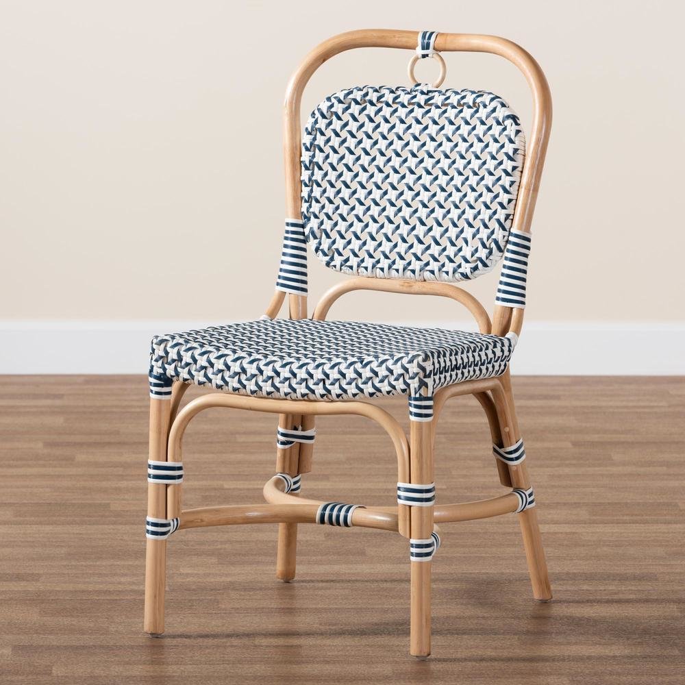 French Blue and White Weaving Natural Rattan Bistro Chair