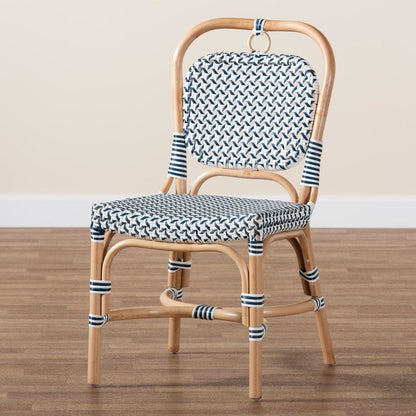 French Blue and White Weaving Natural Rattan Bistro Chair
