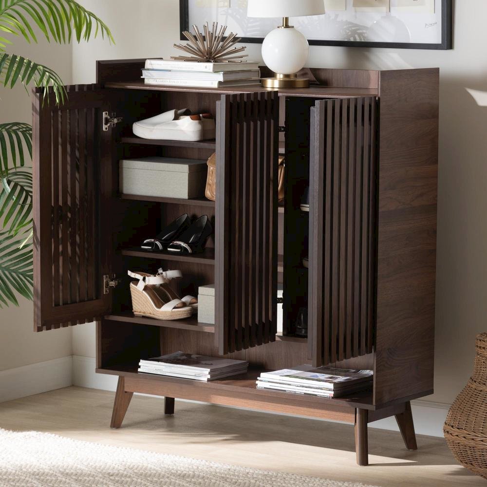 Baxton Studio Delaire Mid-Century Modern Walnut Brown Finished Wood Shoe Cabinet