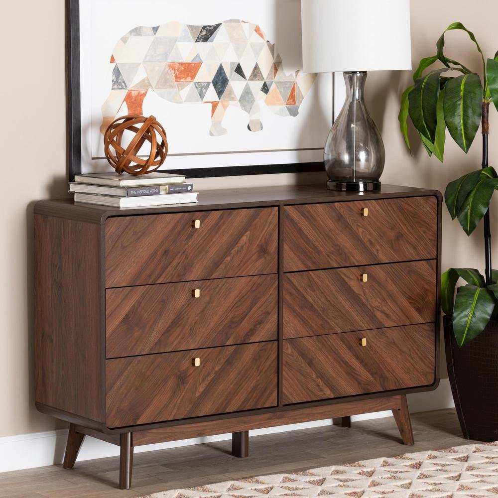 Transitional Walnut Brown Finished Wood 6-Drawer Dresser