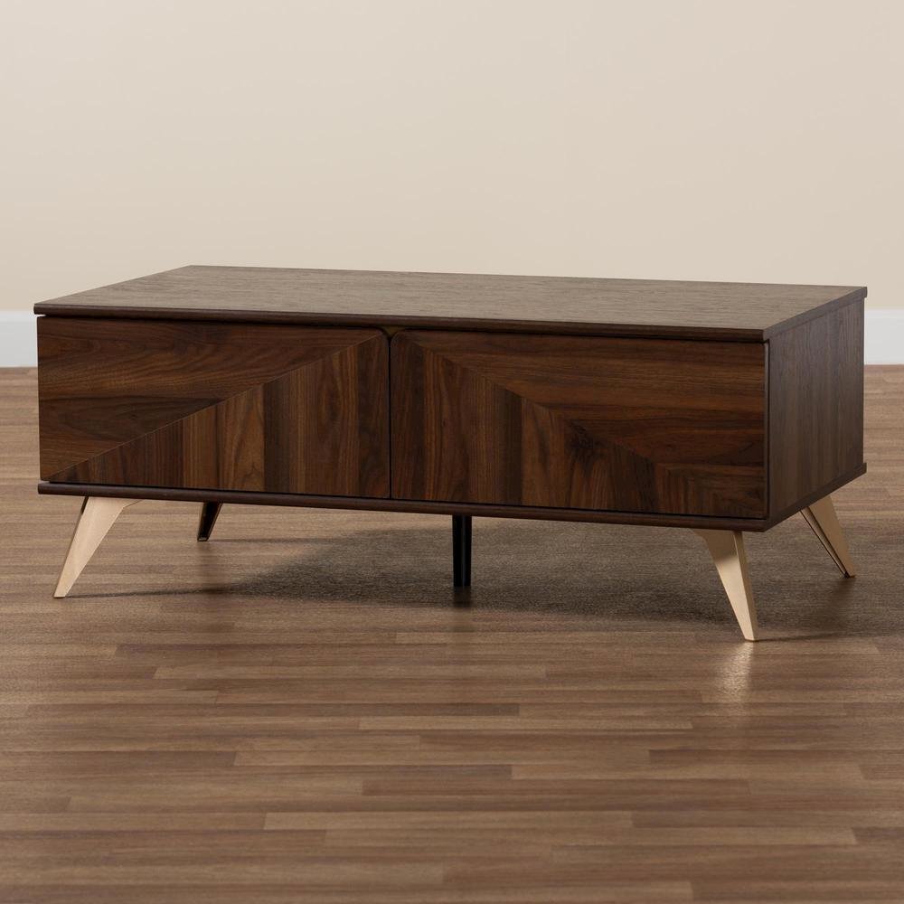 Transitional Walnut Brown Finished Wood 2-Drawer Coffee Table