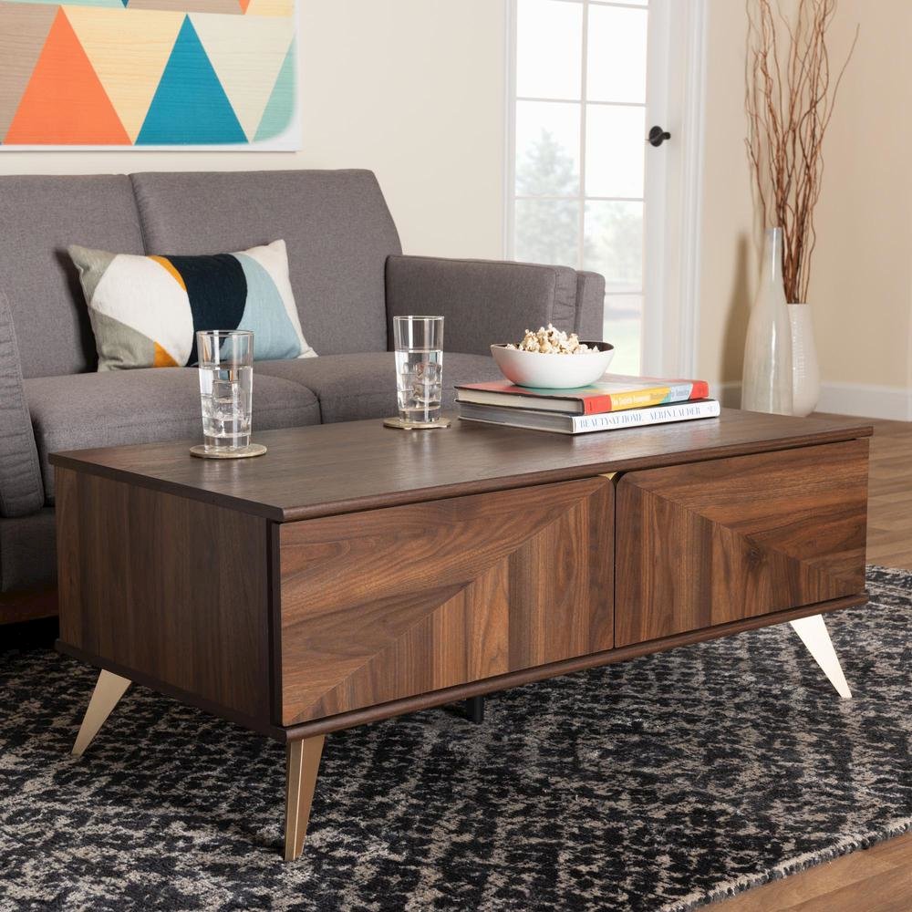 Transitional Walnut Brown Finished Wood 2-Drawer Coffee Table