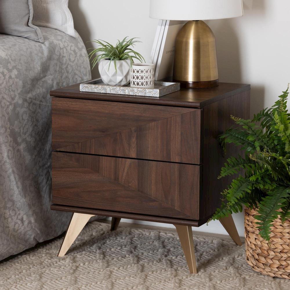 Transitional Walnut Brown Finished Wood 2-Drawer Nightstand