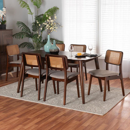 Grey Fabric and Walnut Brown Finished Wood 7-Piece Dining Set