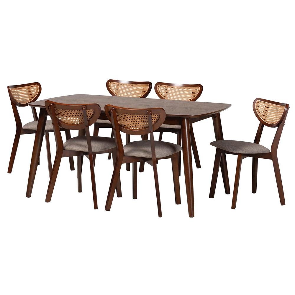Grey Fabric and Walnut Brown Finished Wood 7-Piece Dining Set