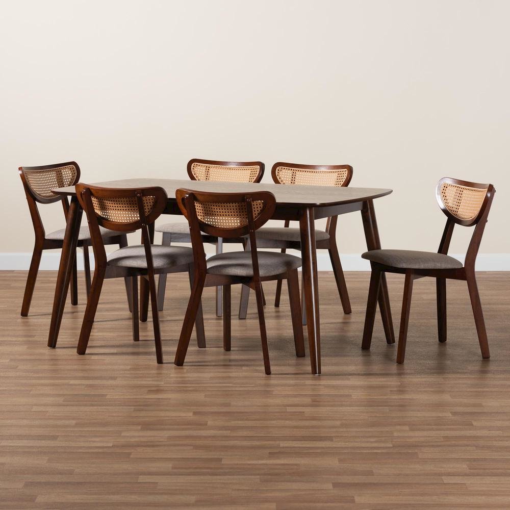 Grey Fabric and Walnut Brown Finished Wood 7-Piece Dining Set