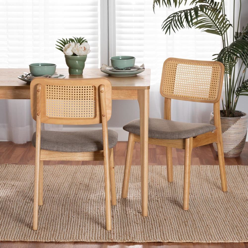 Grey Fabric and Ntural Oak Finished Wood 2-Piece Dining Chair Set