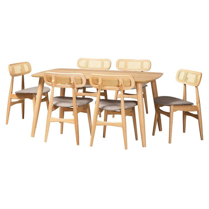 Grey Fabric and Natural Oak Finished Wood 7-Piece Dining Set