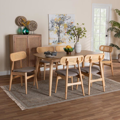 Grey Fabric and Natural Oak Finished Wood 7-Piece Dining Set