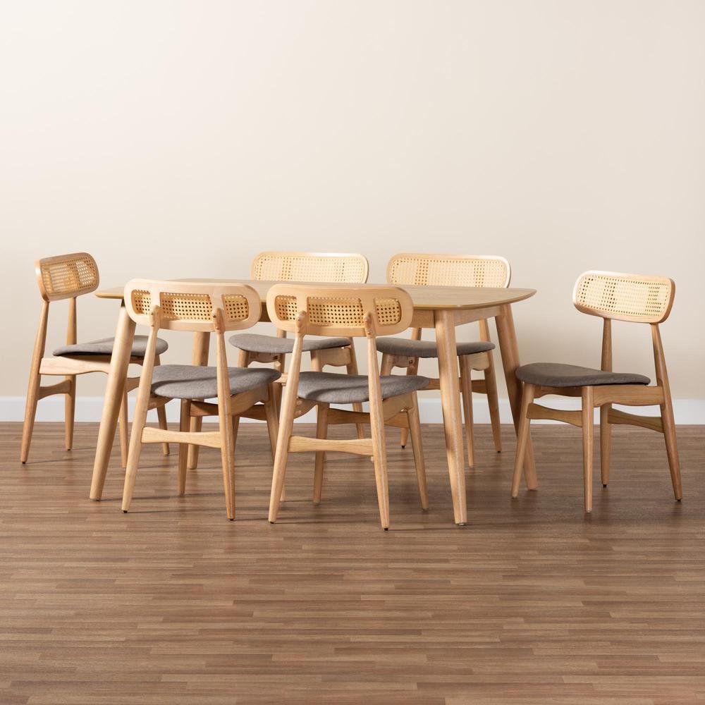 Grey Fabric and Natural Oak Finished Wood 7-Piece Dining Set