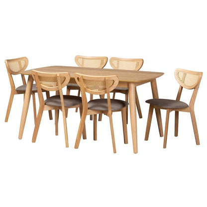 Grey Fabric and Natural Oak Finished Wood 7-Piece Dining Set
