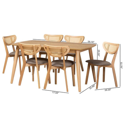 Grey Fabric and Natural Oak Finished Wood 7-Piece Dining Set
