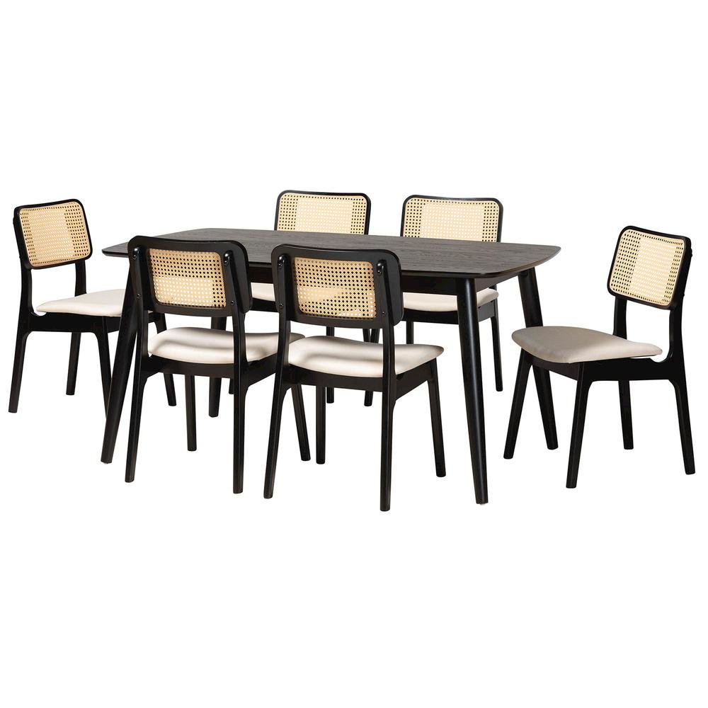 Cream Fabric and Black Finished Wood 7-Piece Dining Set