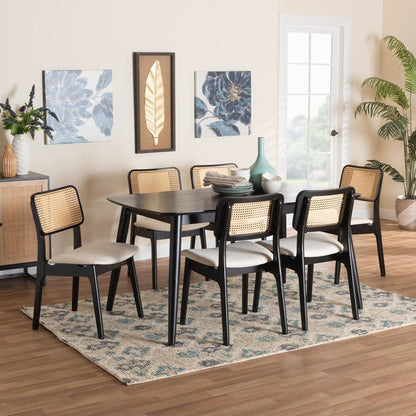 Cream Fabric and Black Finished Wood 7-Piece Dining Set