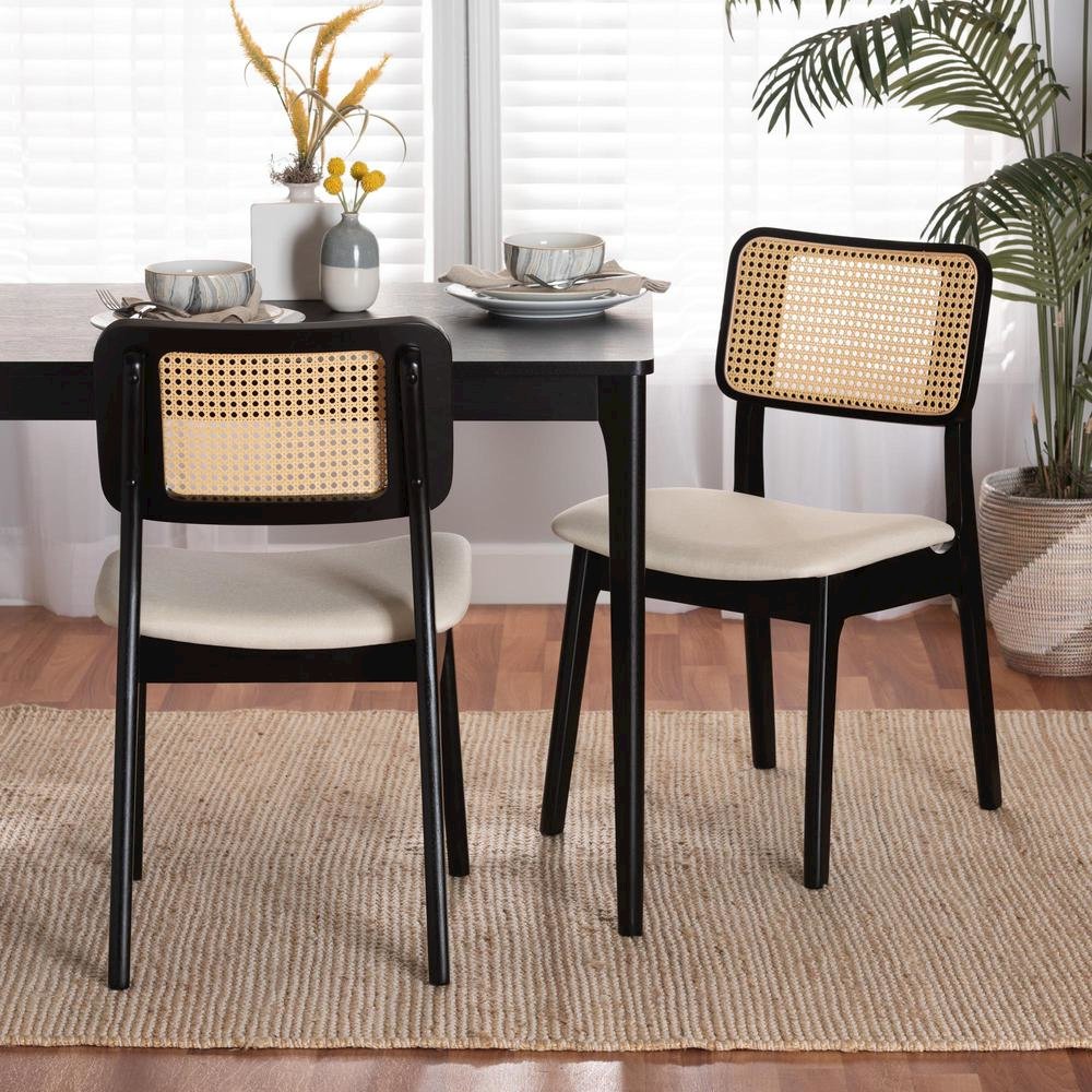 Cream Fabric and Black Finished Wood 2-Piece Dining Chair Set