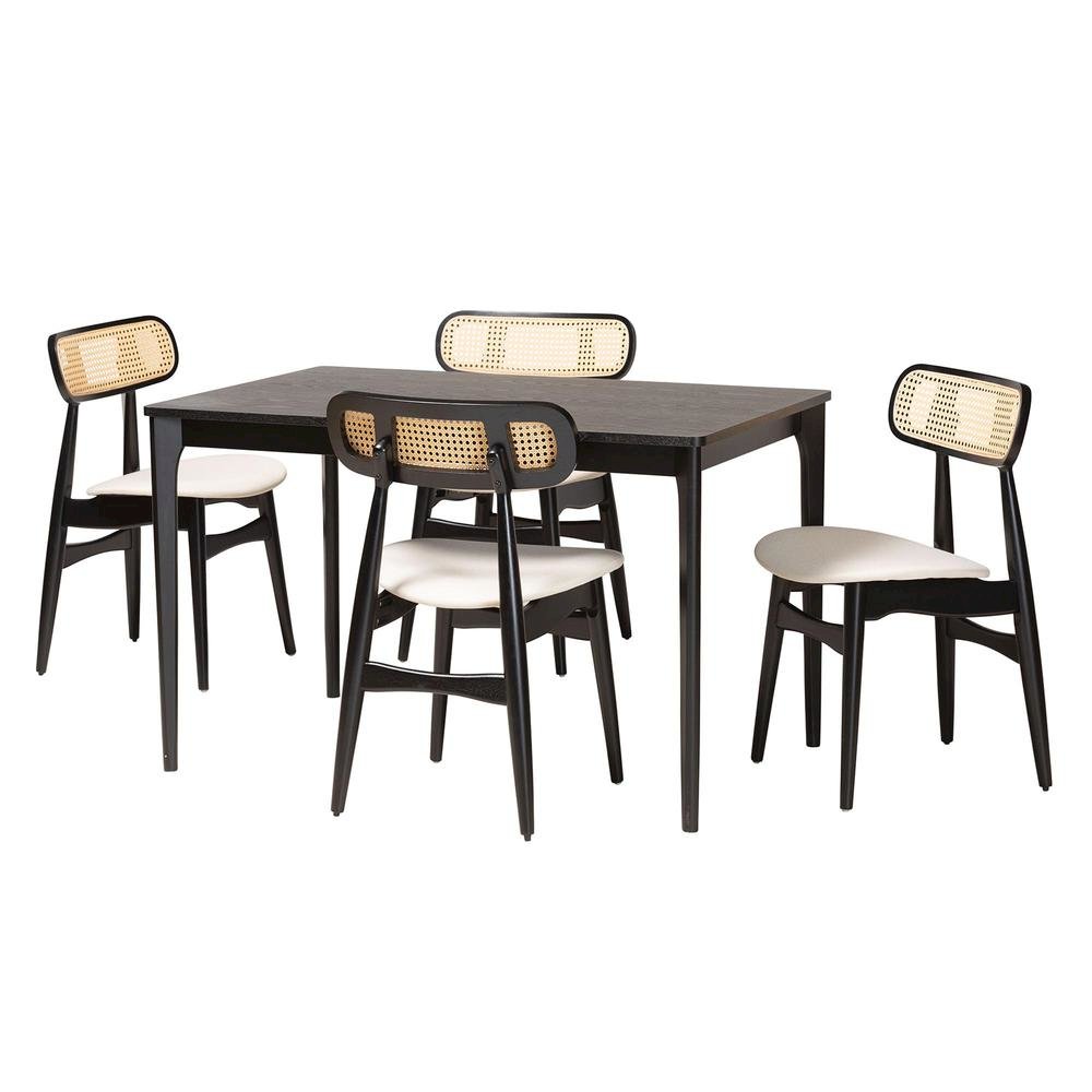 Cream Fabric and Black Finished Wood 5-Piece Dining Set