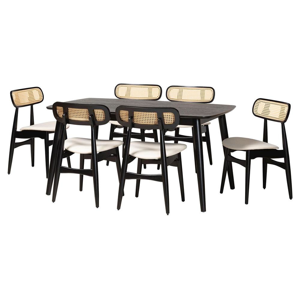 Cream Fabric and Black Finished Wood 7-Piece Dining Set
