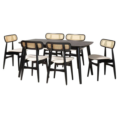 Cream Fabric and Black Finished Wood 7-Piece Dining Set
