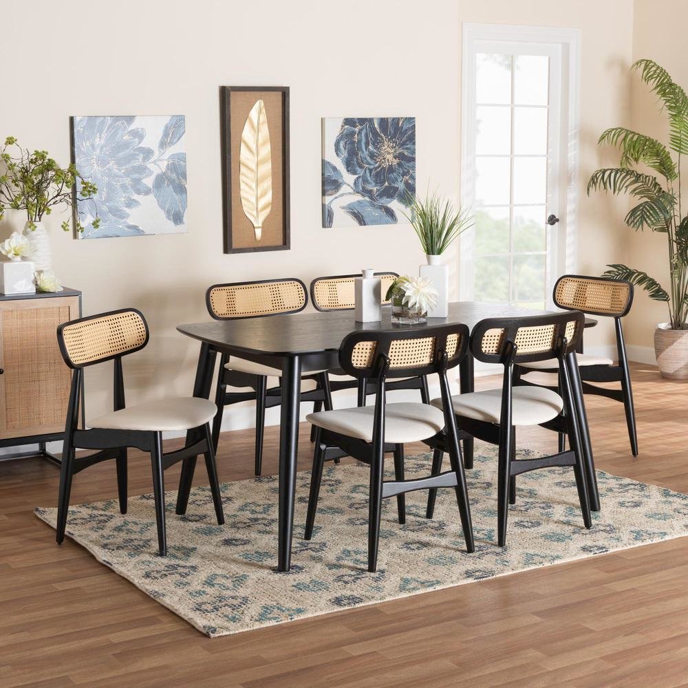 Cream Fabric and Black Finished Wood 7-Piece Dining Set