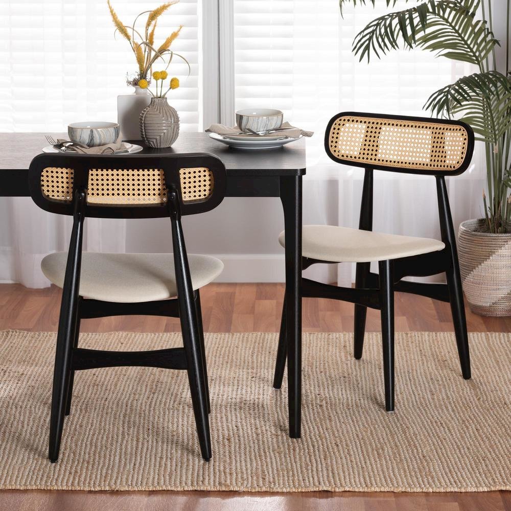 Cream Fabric and Black Finished Wood 2-Piece Dining Chair Set