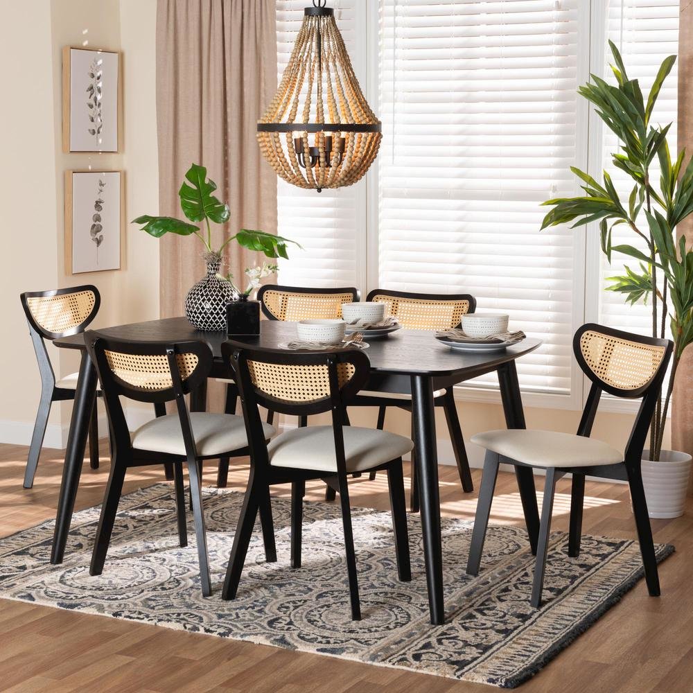Cream Fabric and Black Finished Wood 7-Piece Dining Set