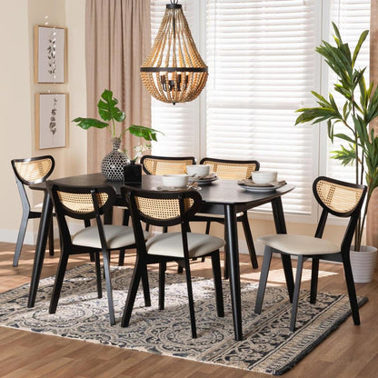 Cream Fabric and Black Finished Wood 7-Piece Dining Set
