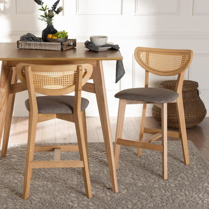 Modern Grey Fabric and Natural Oak Finished Wood 2-Piece Counter Stool Set