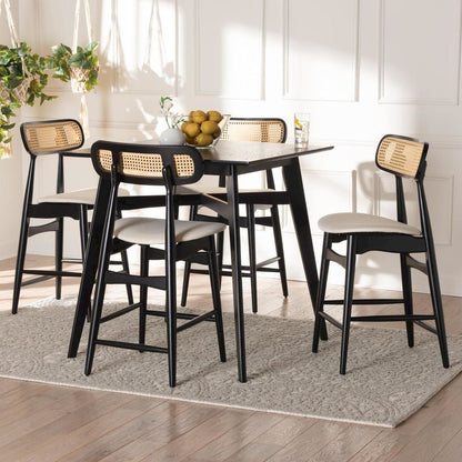 Tarana Mid-Century Modern Cream Fabric and Black Finished Wood 5-Piece Pub Set