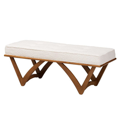 Chenoa Japandi Cream Boucle Fabric and Walnut Brown Finished Wood Bench