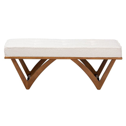 Chenoa Japandi Cream Boucle Fabric and Walnut Brown Finished Wood Bench