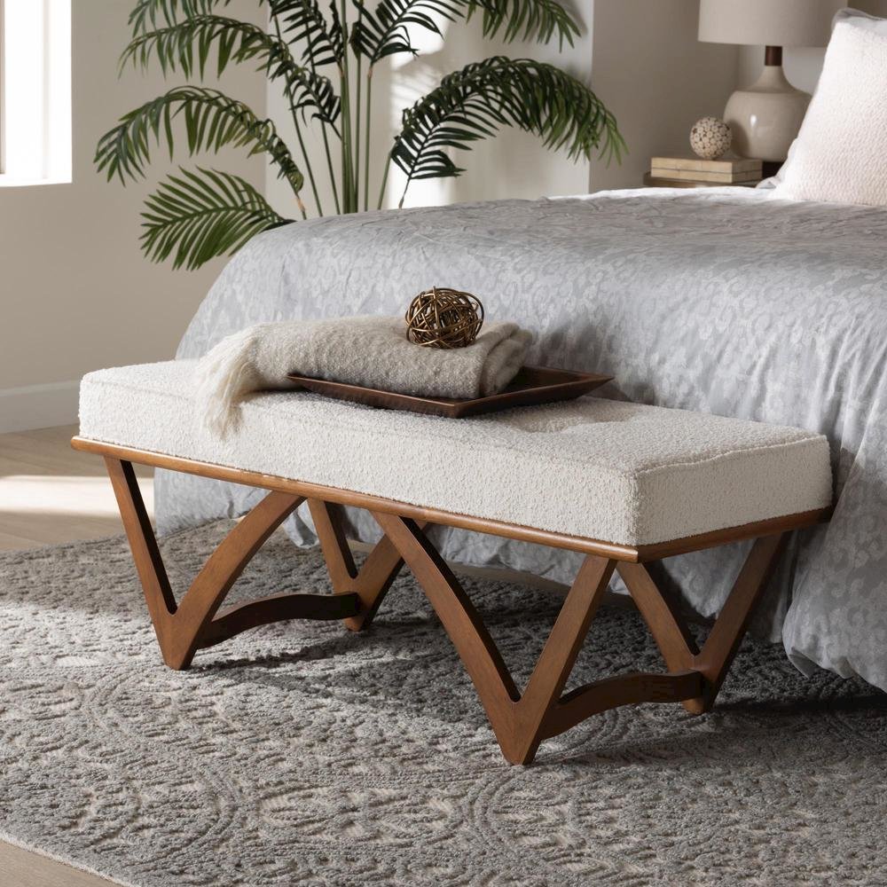 Chenoa Japandi Cream Boucle Fabric and Walnut Brown Finished Wood Bench