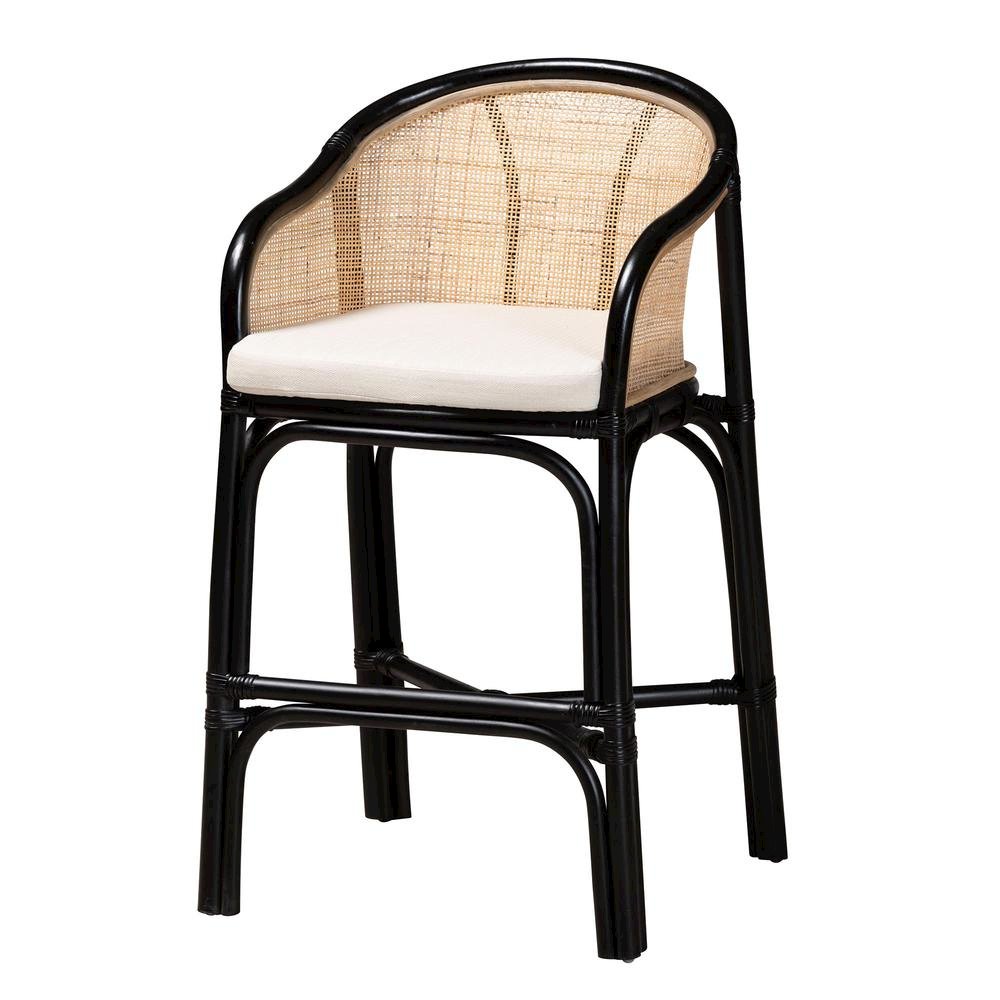 Bohemian Two-Tone Black and Natural Brown Rattan Counter Stool
