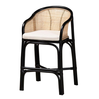Bohemian Two-Tone Black and Natural Brown Rattan Counter Stool