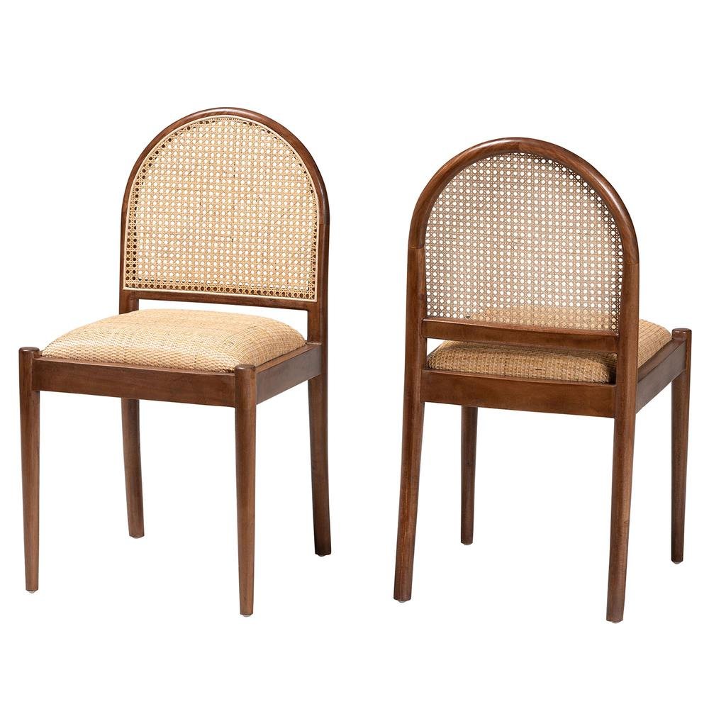 Natural Rattan and Acacia Wood 2-Piece Dining Chair Set