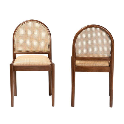 Natural Rattan and Acacia Wood 2-Piece Dining Chair Set