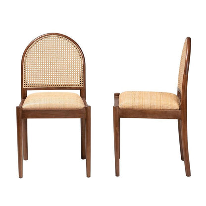 Natural Rattan and Acacia Wood 2-Piece Dining Chair Set