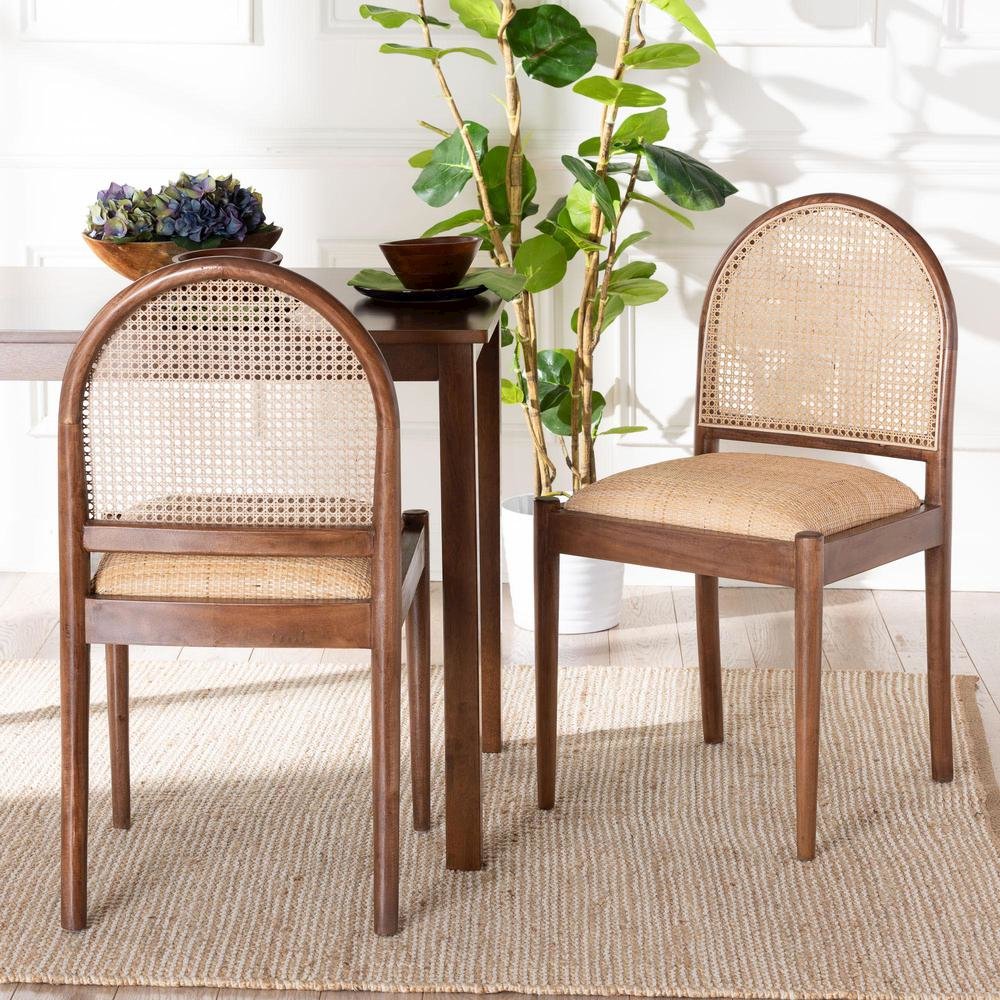 Natural Rattan and Acacia Wood 2-Piece Dining Chair Set