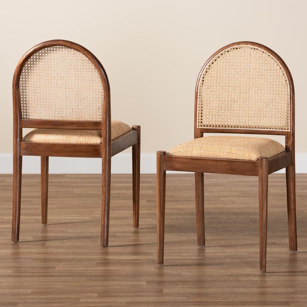 Natural Rattan and Acacia Wood 2-Piece Dining Chair Set
