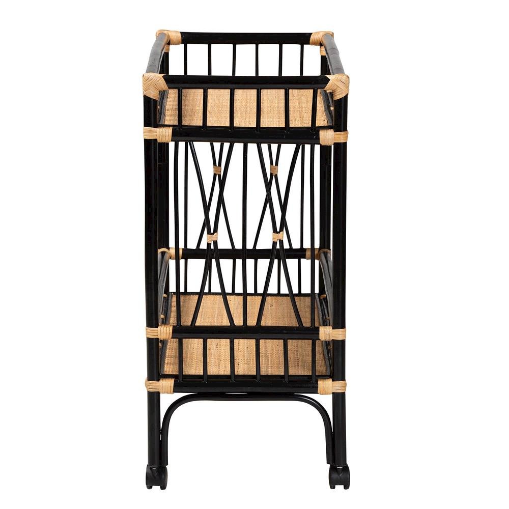 Bohemian Two-Tone Black and Natural Brown Rattan 2-Tier Kitchen Cart
