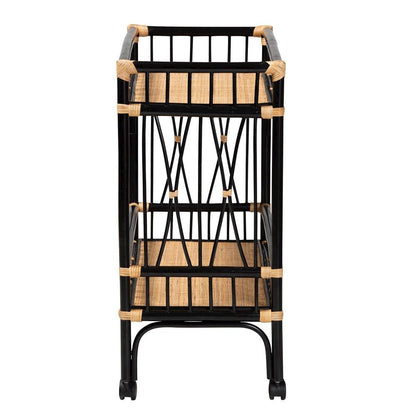 Bohemian Two-Tone Black and Natural Brown Rattan 2-Tier Kitchen Cart
