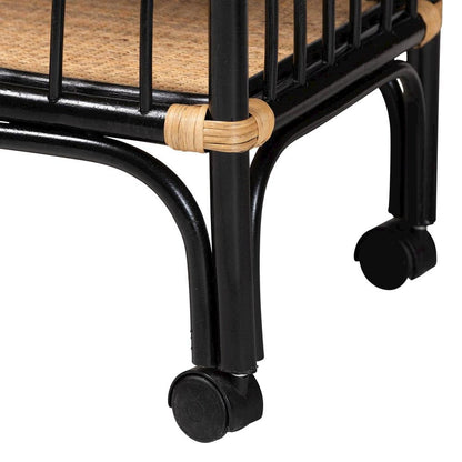 Bohemian Two-Tone Black and Natural Brown Rattan 2-Tier Kitchen Cart