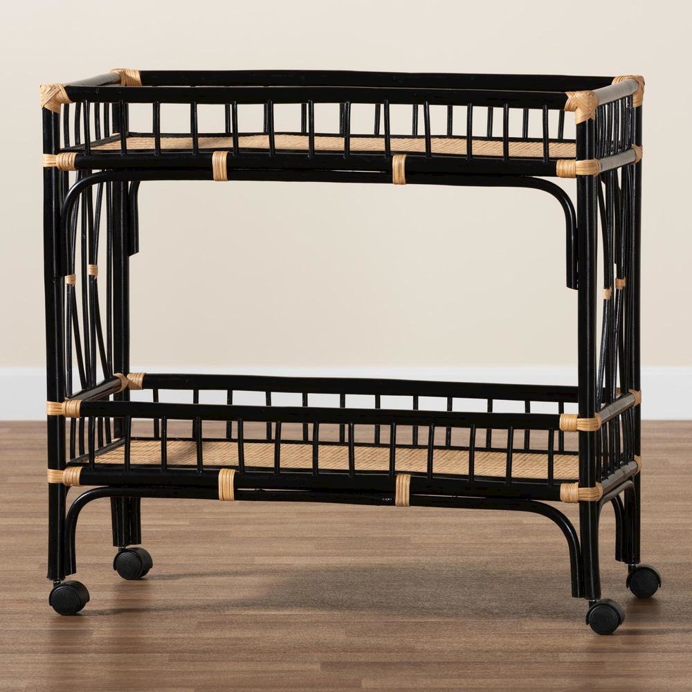 Bohemian Two-Tone Black and Natural Brown Rattan 2-Tier Kitchen Cart
