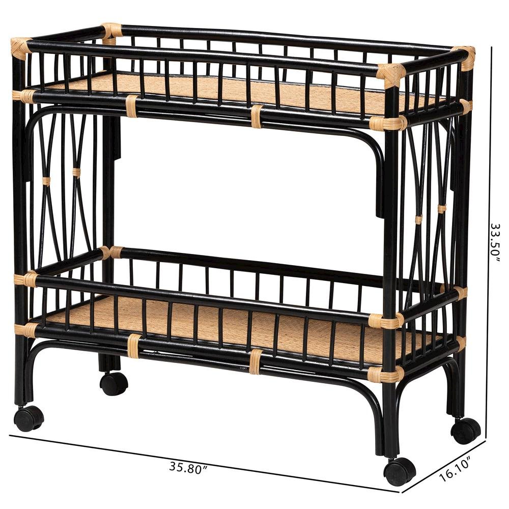 Bohemian Two-Tone Black and Natural Brown Rattan 2-Tier Kitchen Cart
